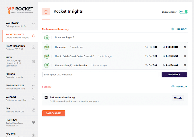 Summary performance with WP Rocket by Rocket Insights