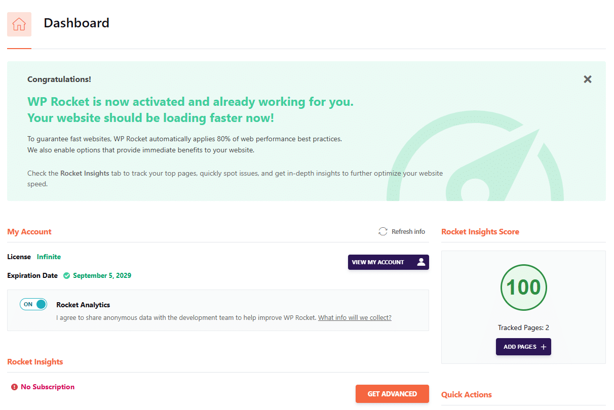 Rocket Insights Global Score – WP Rocket dashboard 