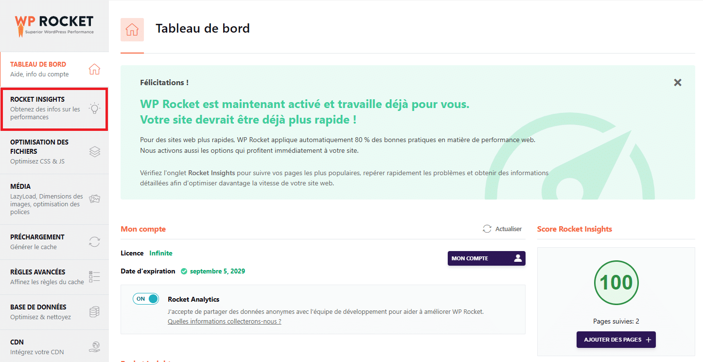 Nouvel onglet Rocket Insights – Tableau de bord WP Rocket