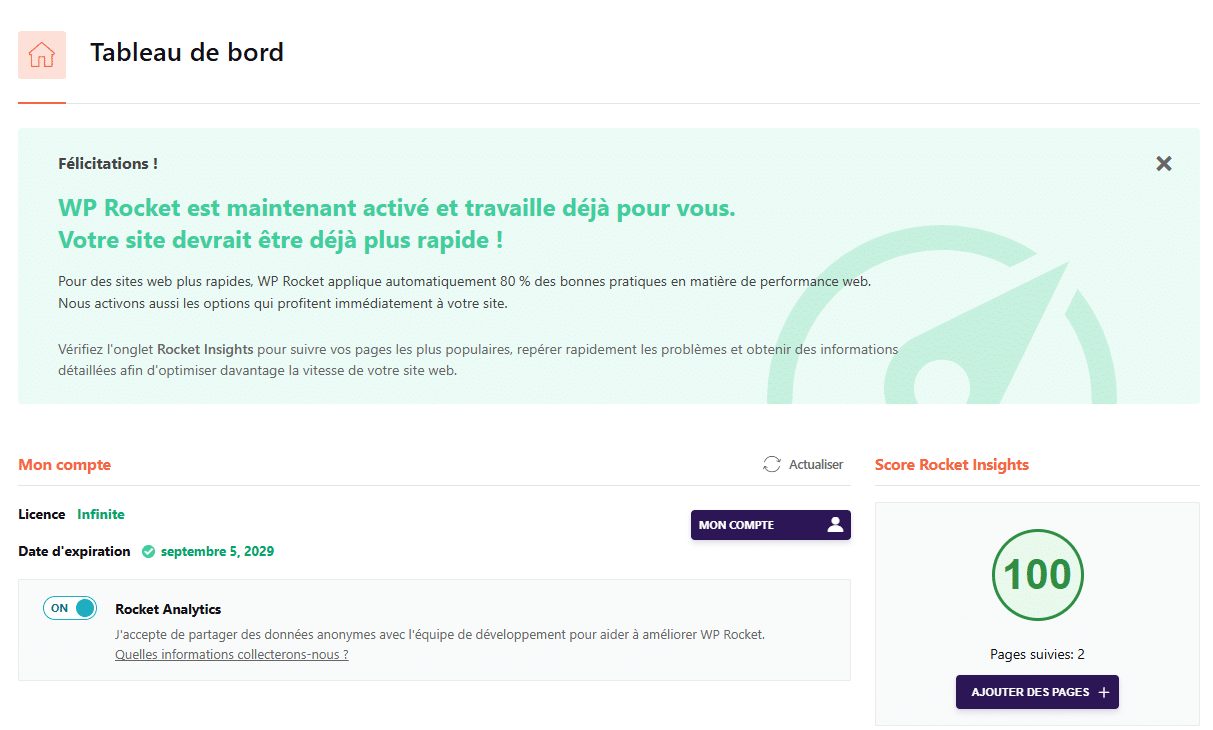 Score global Rocket Insights – Tableau de bord WP Rocket