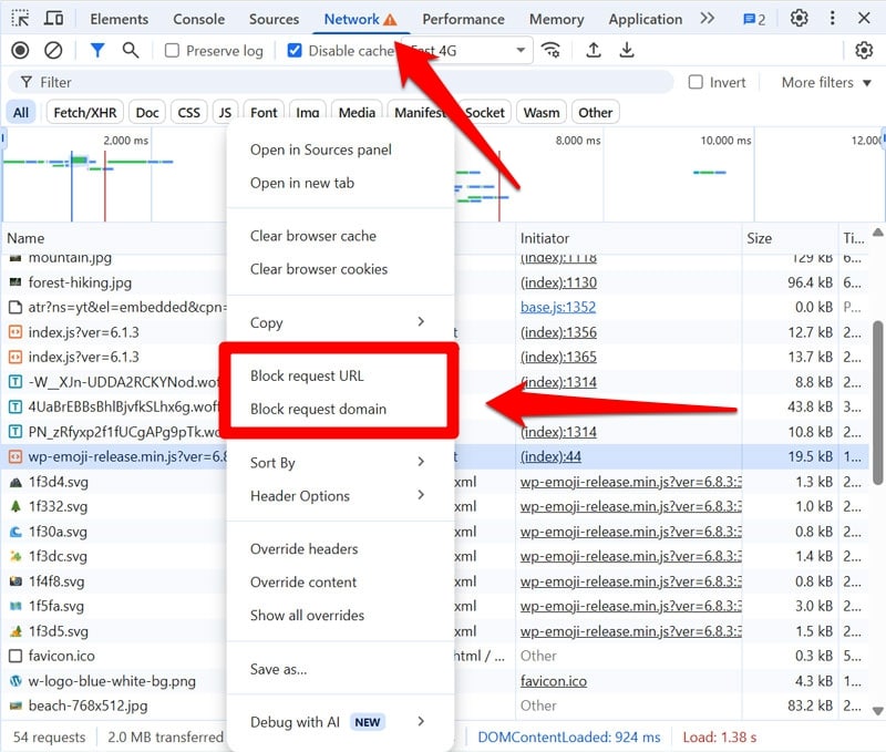 block network requests in chrome developer tools