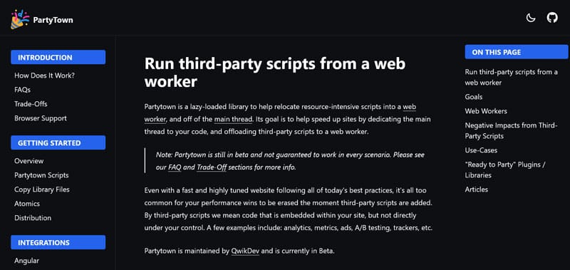 partytown web worker library homepage