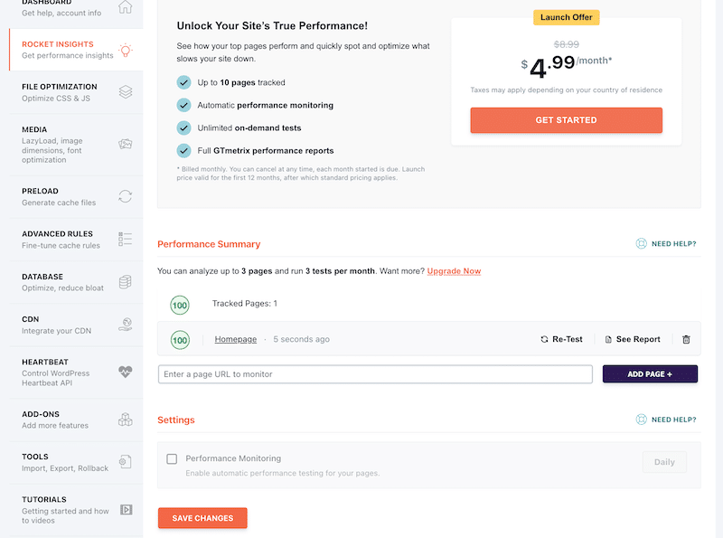 Monitor performance with Rocket Insights directly from WordPress - Source: Rocket Insights 
