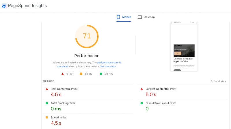 Overall performance score on mobile (before optimization) – Source- PageSpeed Insights