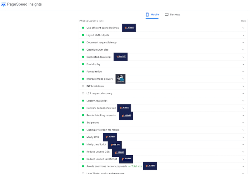 Passed audit with WP Rocket and Imagify (after mobile optimization) – Source- PageSpeed Insights