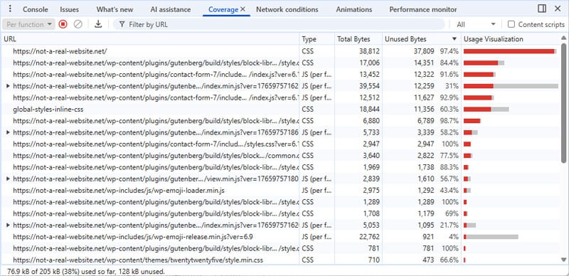 coverage tab in chrome developer tools