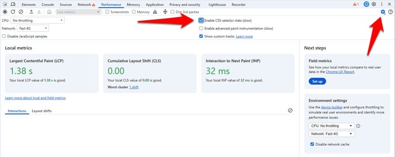 enable css selector stats in chrome