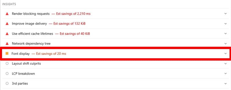 font display insight active for test website