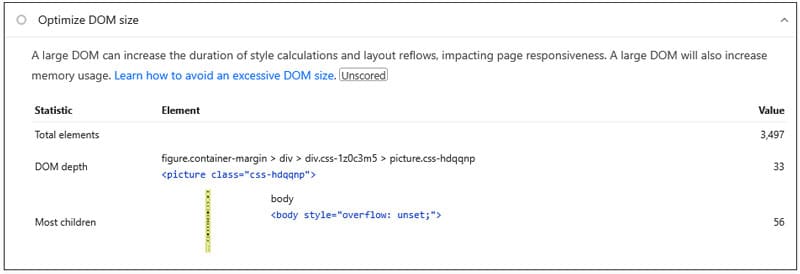 optimize dom size insight example