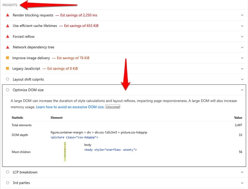 optimize dom size insight in pagespeed insights