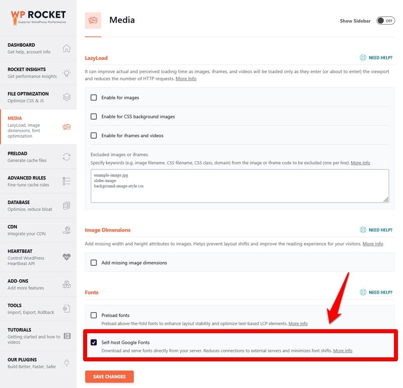 self host google fonts option in wp rocket