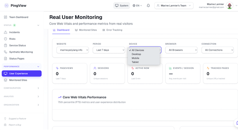 Example of a RUM report - Source: Pingview.app
