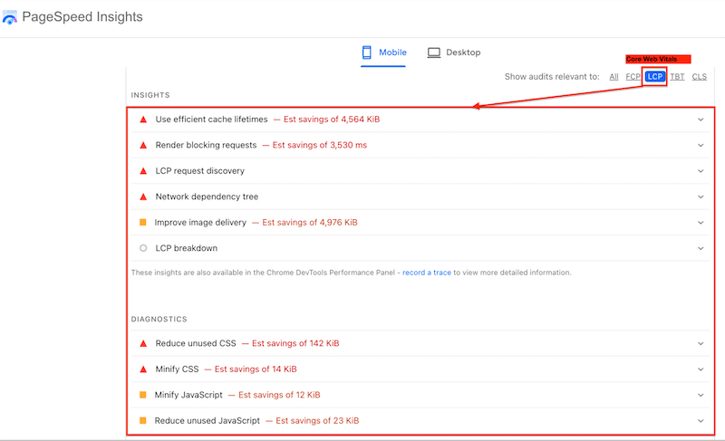 Insights and audit section that impact LCP (before optimization) - Source: PageSpeed Insights