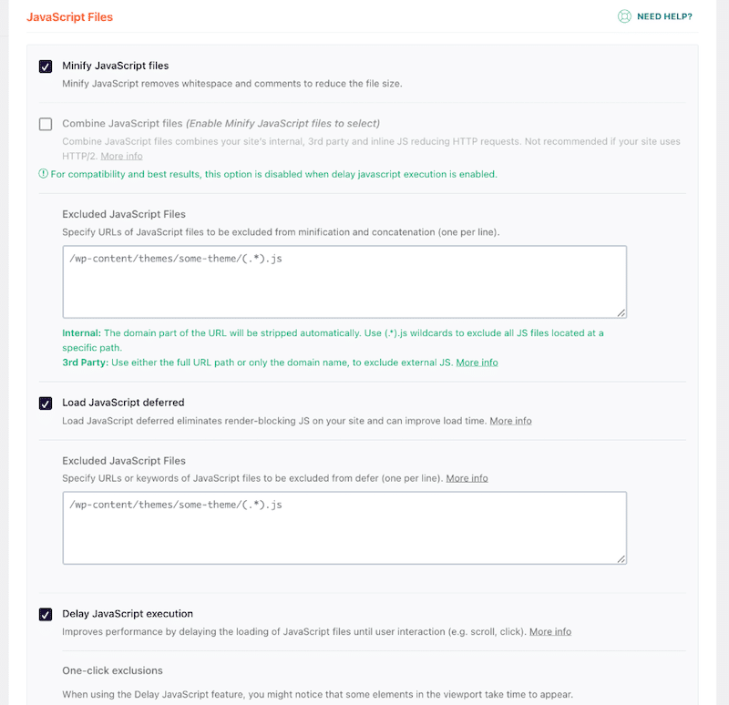 JS optimization interface so you can fix RUM tool-flagged issues easily – Source: WP Rocket