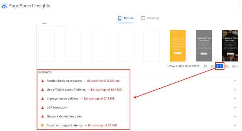 What impacts the Core Web Vital LCP (Insights) - Source: PageSpeed Insights