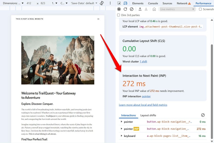 chrome developer tools live inp score