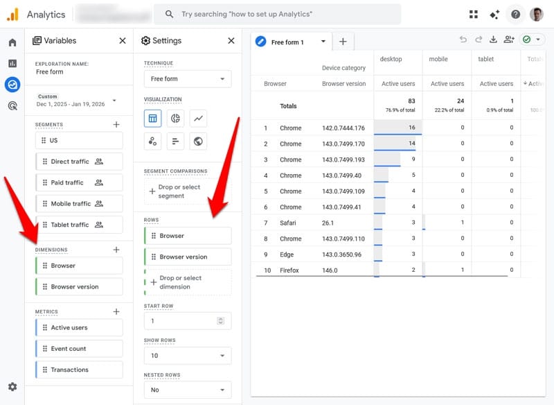 free form exploration with browser and browser version data