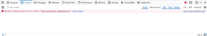 mixed content warning in browser developer tools