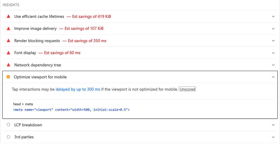 optimize viewport for mobile insight in psi results