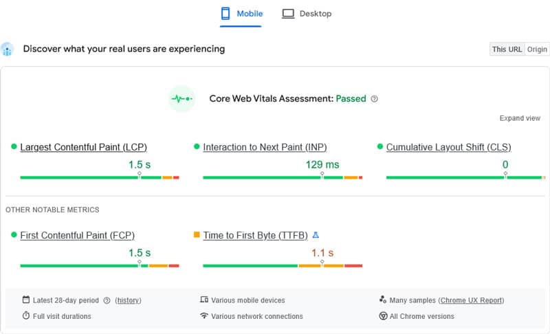 pagespeed insights field data example