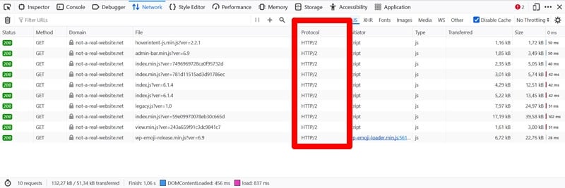 protocol column in network tab