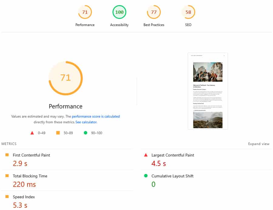 test website initial pagespeed insights results