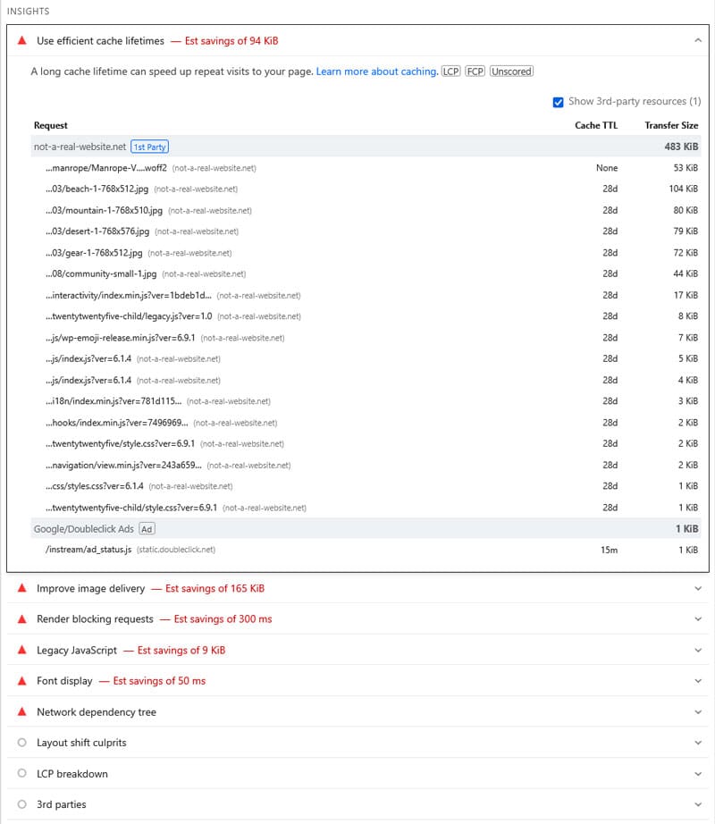 test website use efficient cache lifetimes insight result