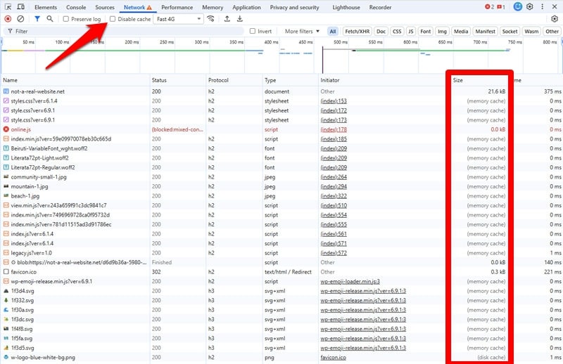 track caching in network tab