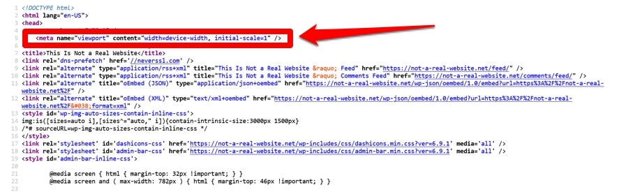 viewport meta tag in page source