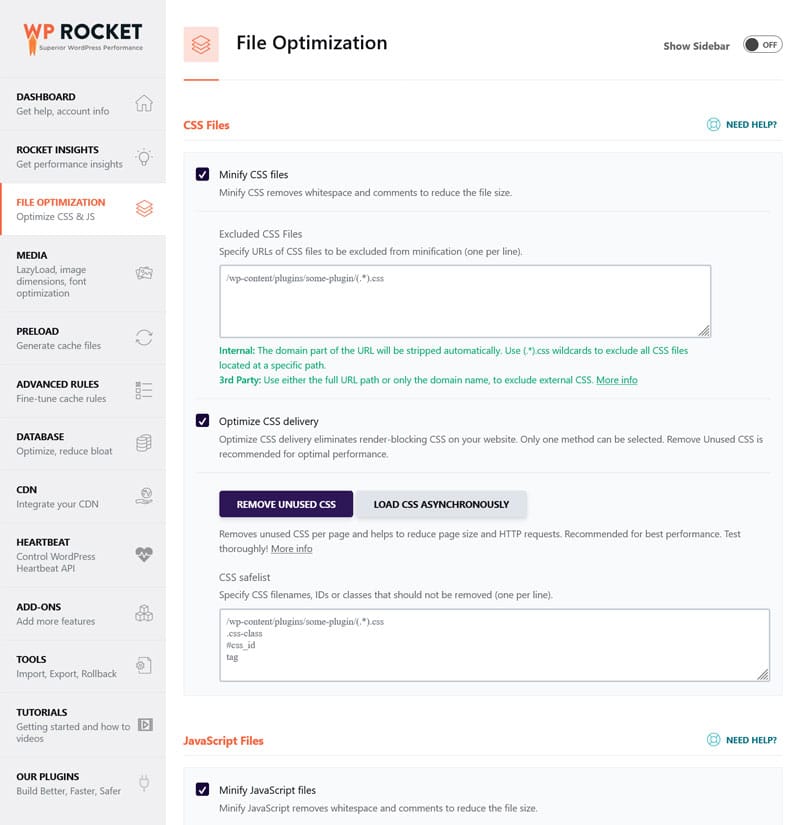 wp rocket file optimization menu