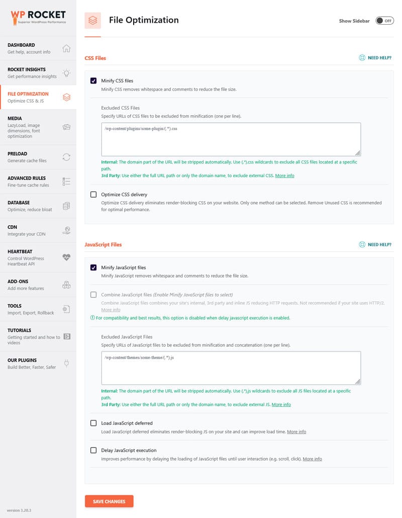 wp rocket user interface example