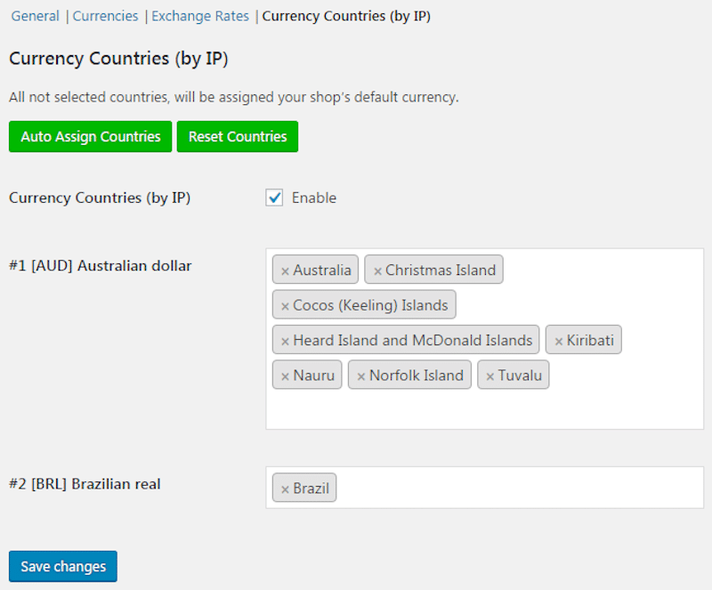 Defining currency per countries - Source: WooCommerce Currency Switcher