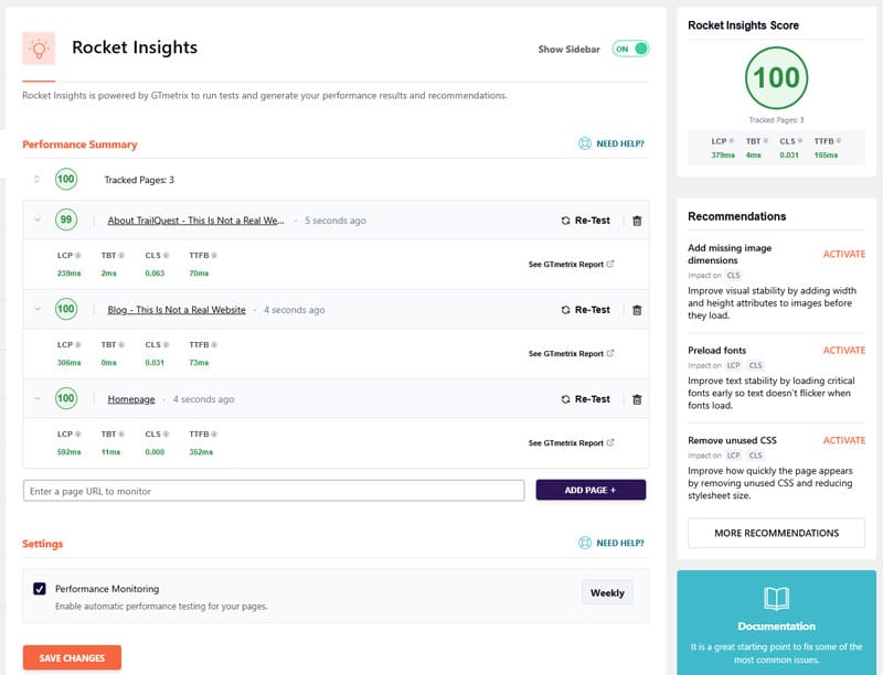Rocket Insights performance monitoring hub