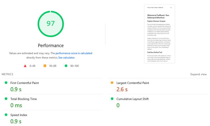 website speed test after optimization with WP Rocket