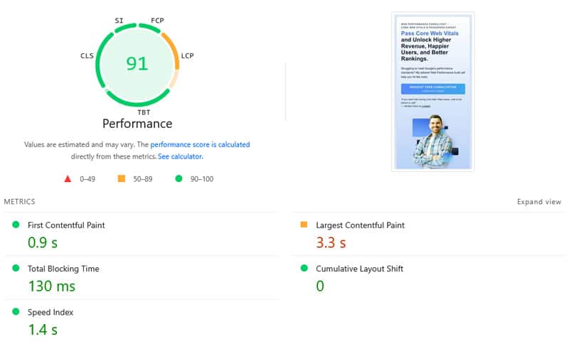 WordPress performance optimization service good speed test result