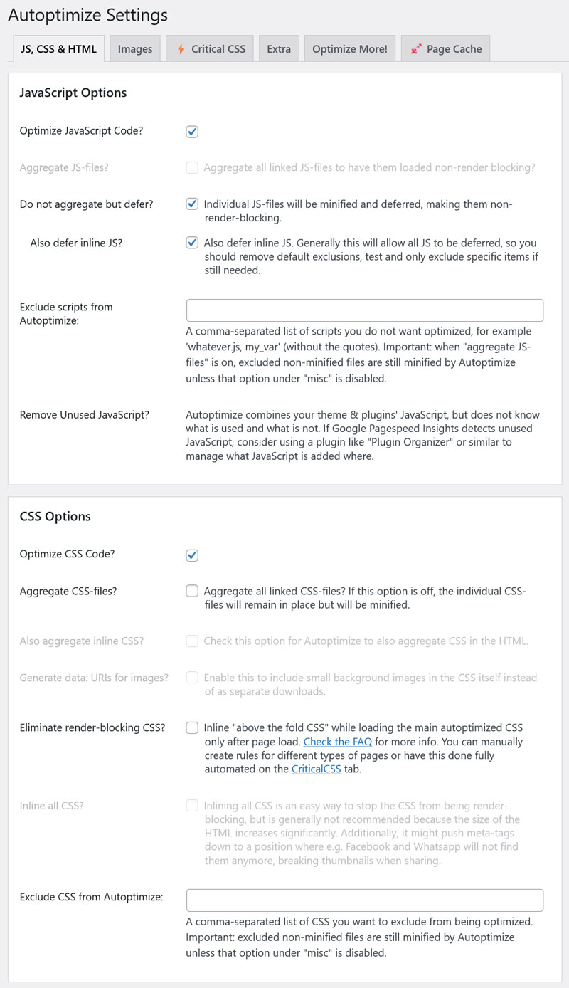 autoptimize settings