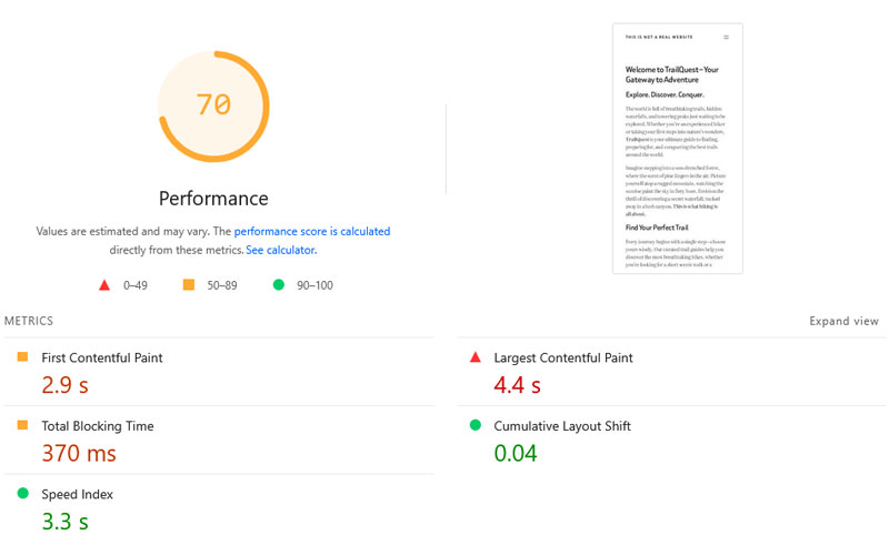 core web vitals test initial results
