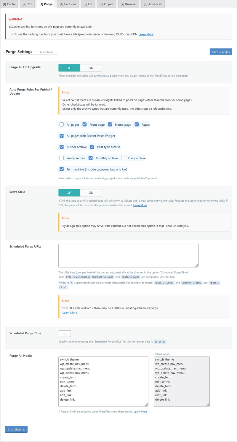 litespeed cache settings