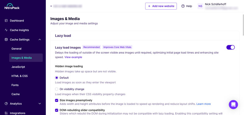 nitropack user account interface
