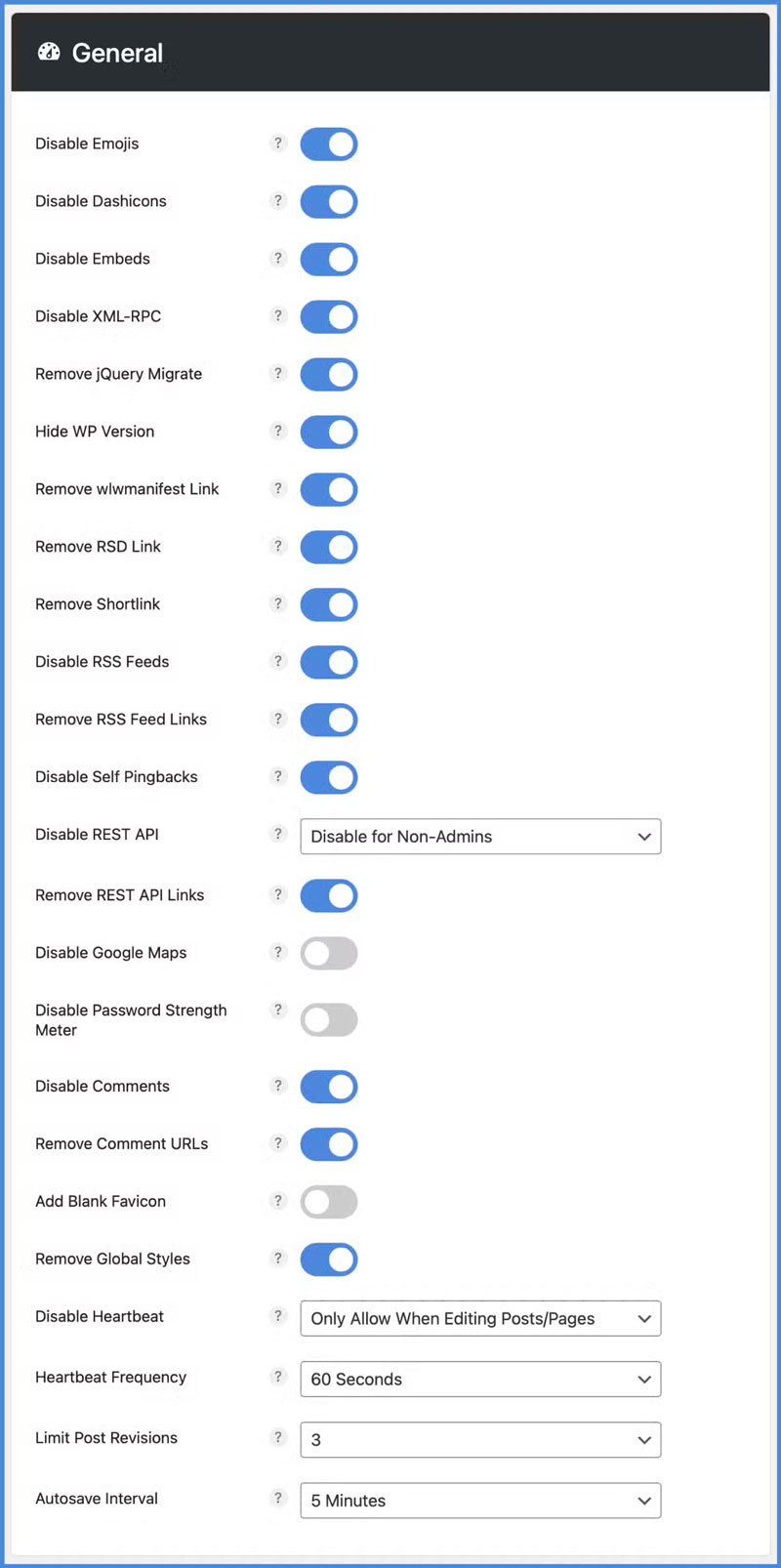 perfmatters settings and ui
