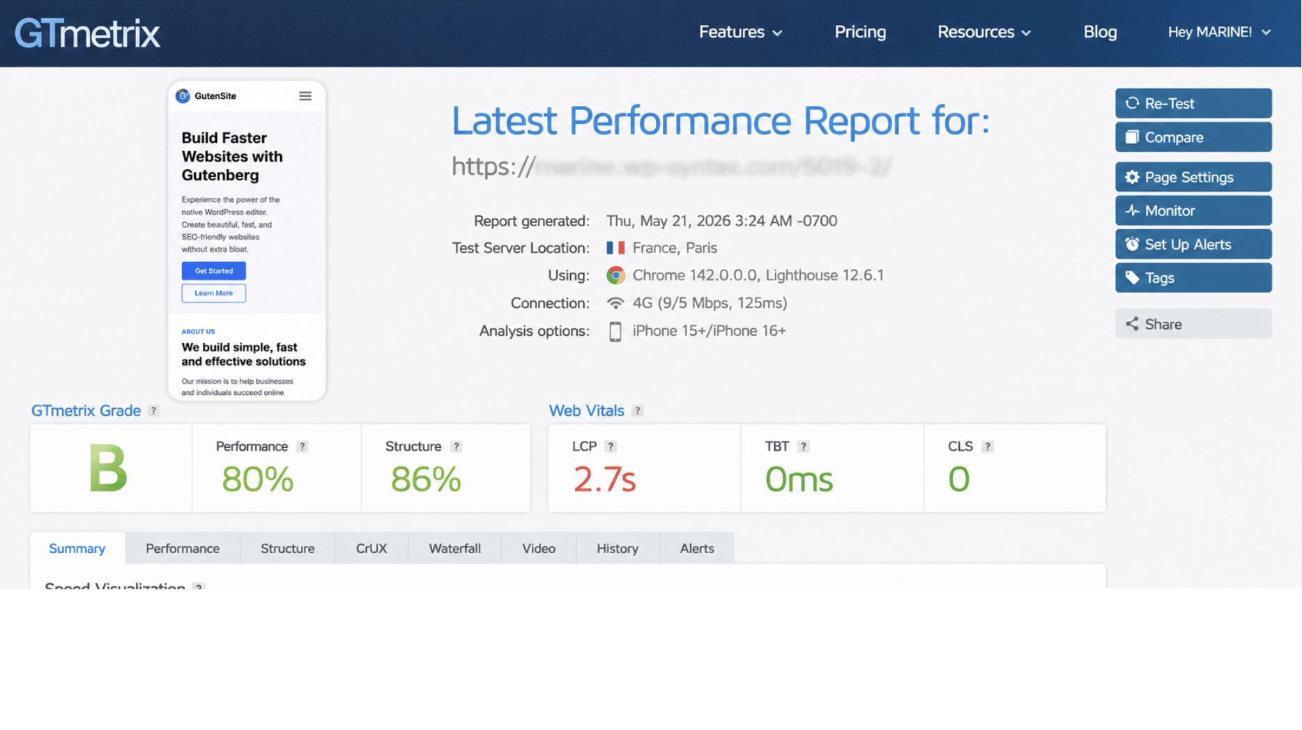 Example of a performance test by GTmetrix - Source: GTmetrix