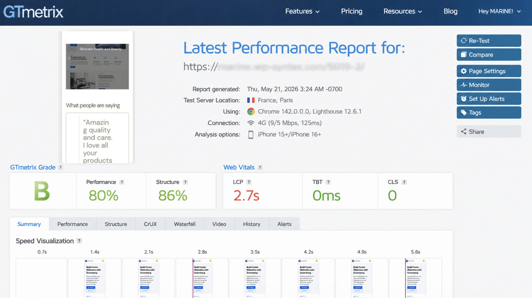 Performance report before WP Rocket - Source: GTmetrix