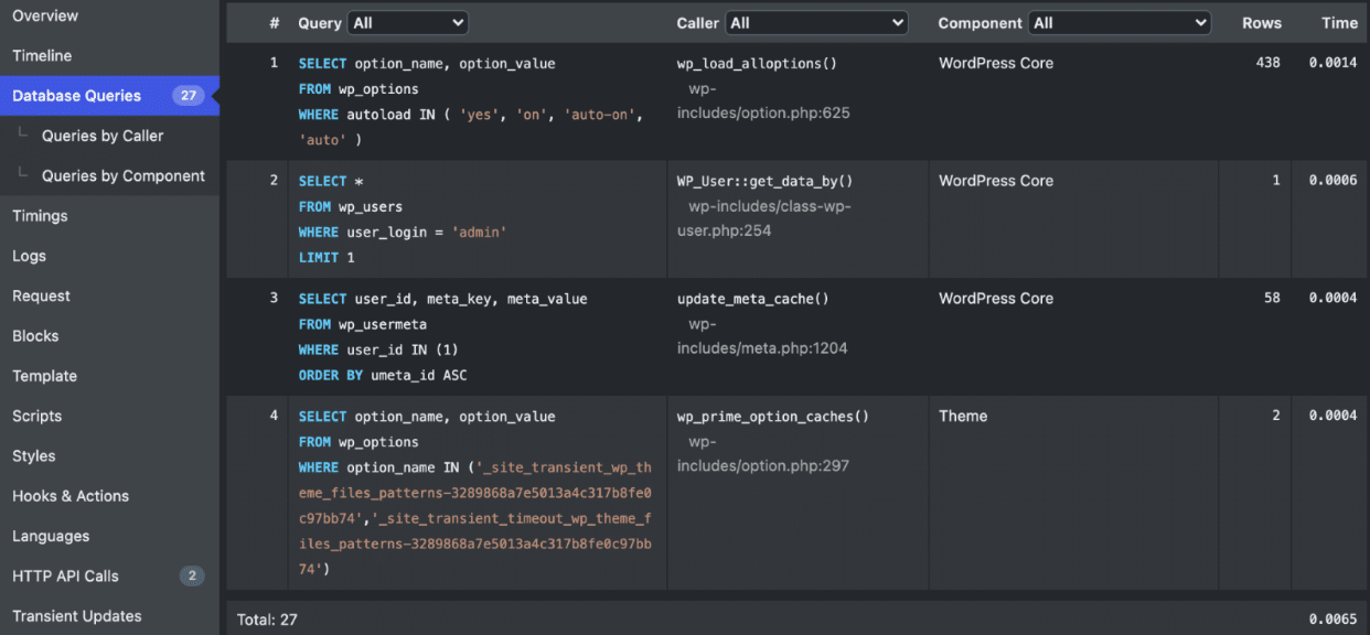 Database Queries: Useful for spotting plugins that place a heavy load on your database - Source: Query Monitor