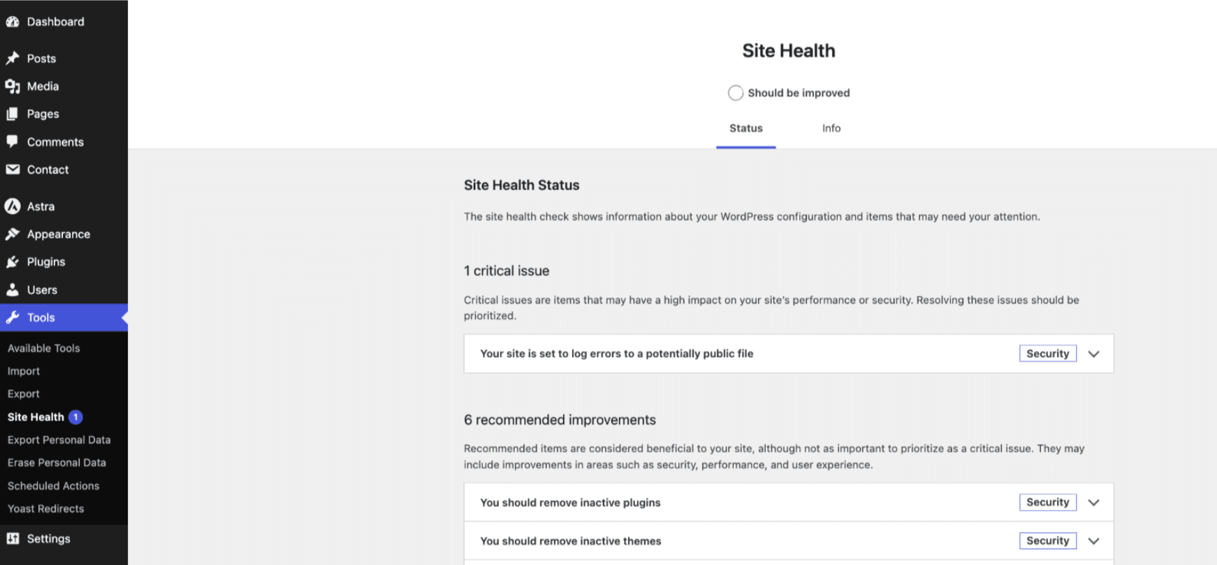 Site health from WordPress