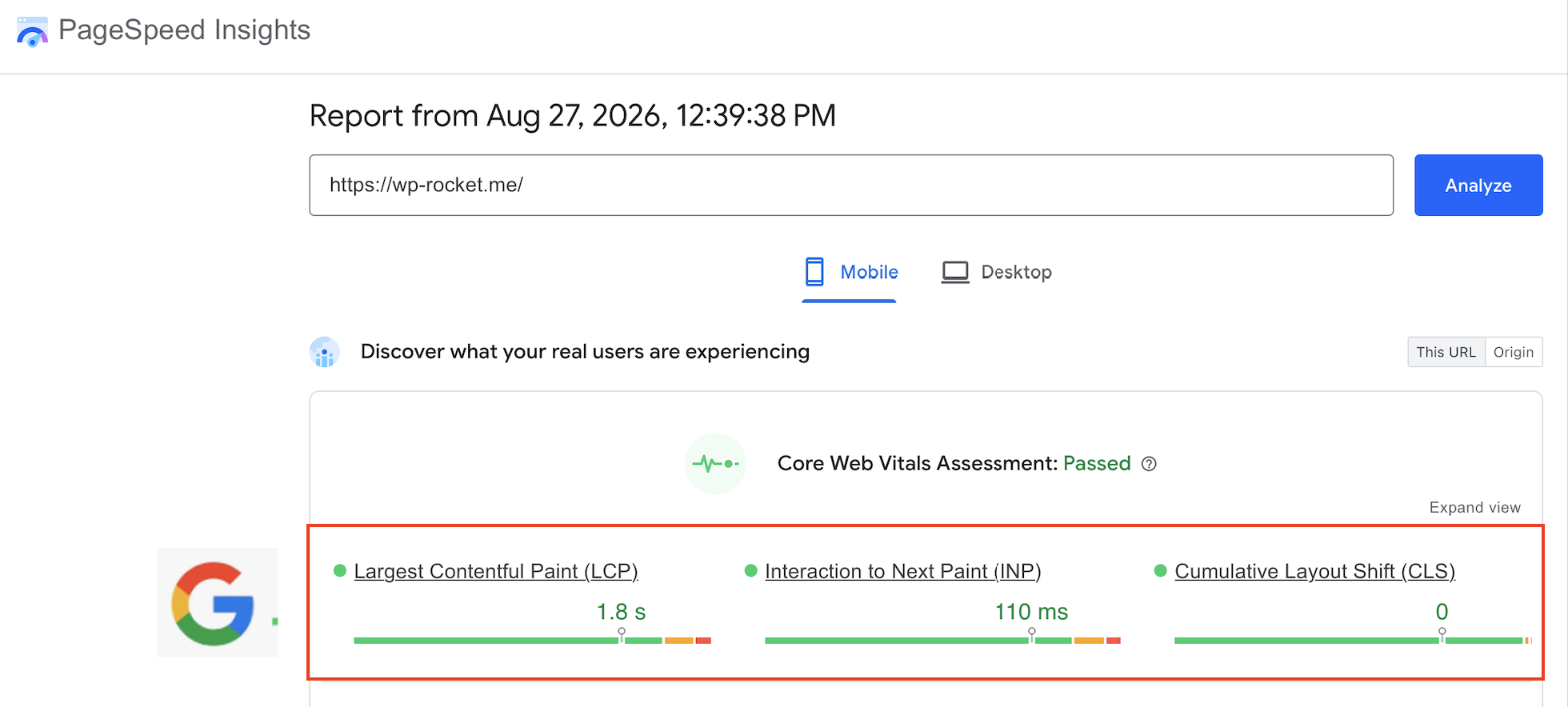 Core Web Vitals scores - Source: PageSpeed Insights