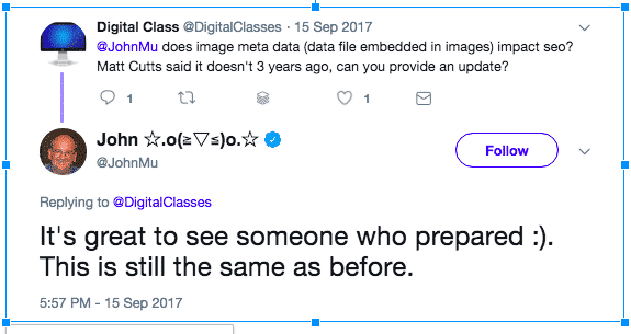 画像のメタデータが SEO に影響するかという質問に「以前と変わらない」と答えたジョン・ミューラー氏のツイート