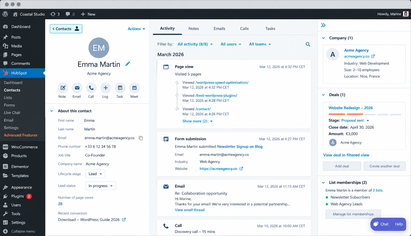 HubSpot's CRM integration for WordPress lets agencies track customer interactions from one interface - Source: HubSpot