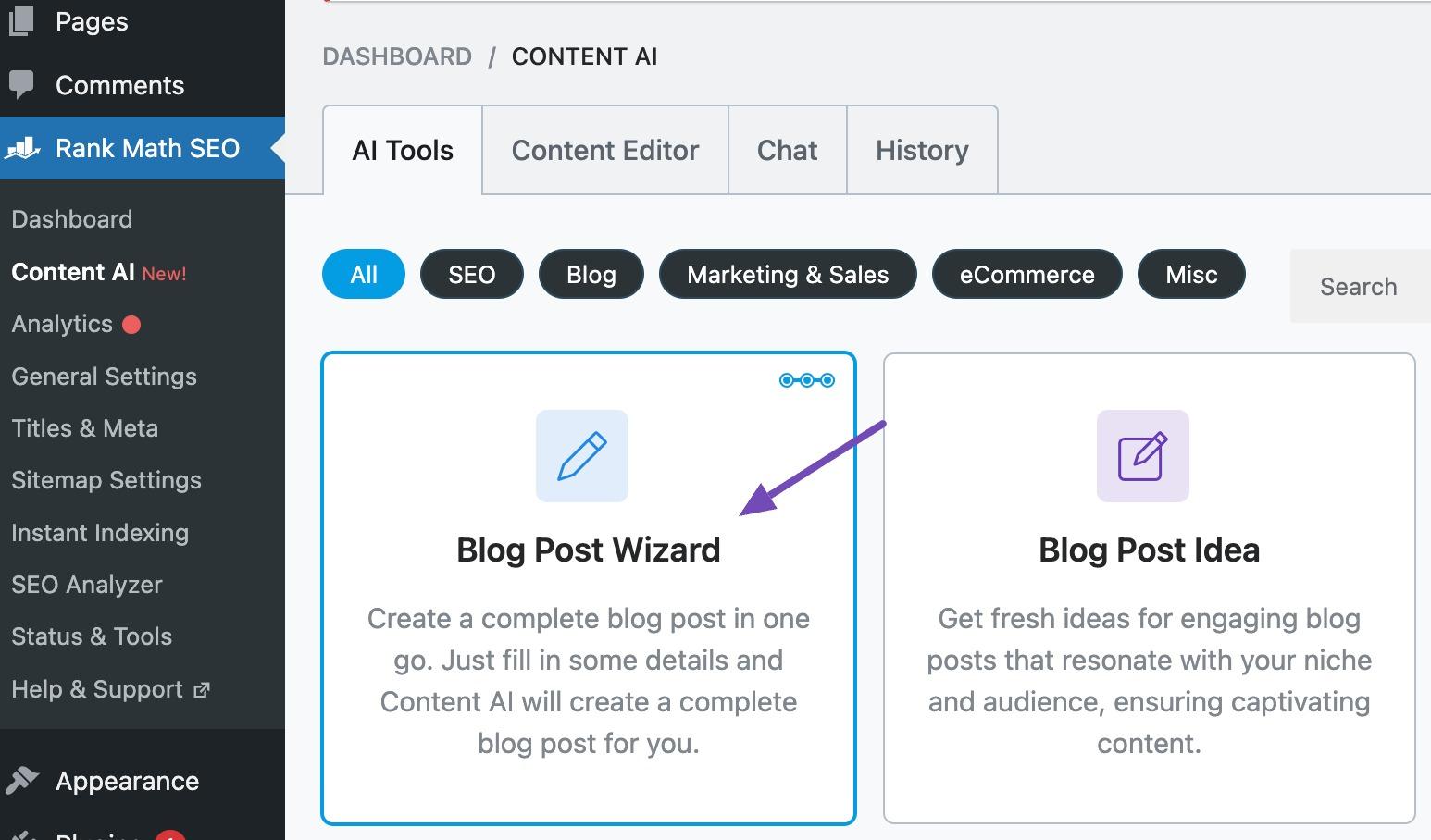 Rank Math’s Content AI dashboard for creating and optimizing WordPress content - Source: Rank Math.