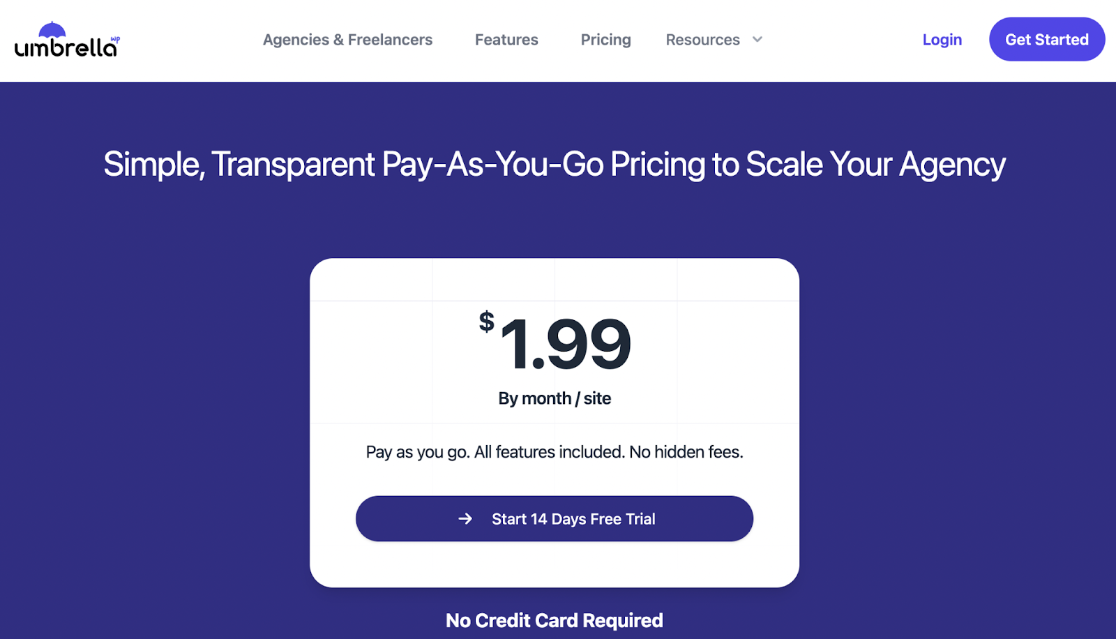 Page de tarifs de WP Umbrella : 1,99 $ par mois et par site, paiement à l'usage, toutes les fonctionnalités incluses