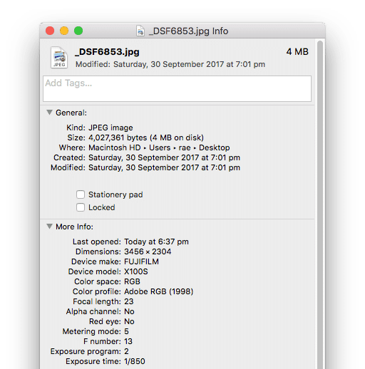 OS X の「情報を見る」で表示した画像の詳細情報